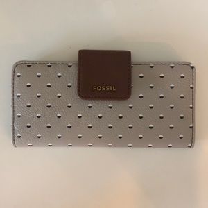 Fossil Leather Wallet - Gray with Polka Dots